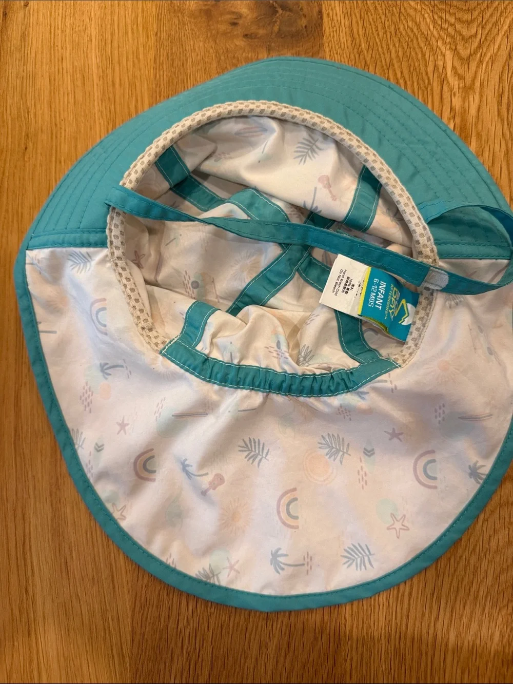 Sunday Afternoons Kids Sun Hat with Turquoise Trim and Beach Print 6-12 months